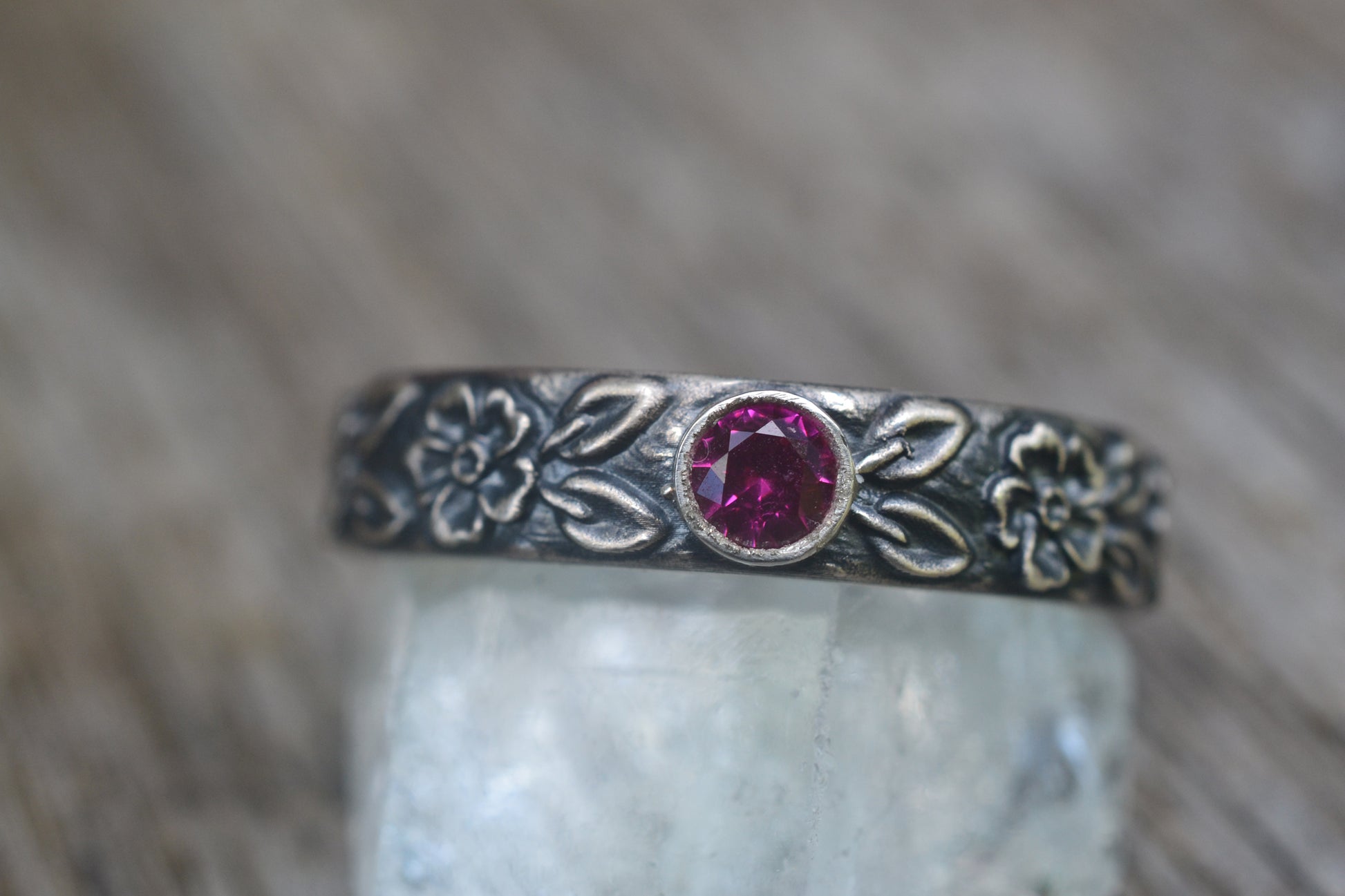 Mens Floral Wedding Band With Ruby Stone