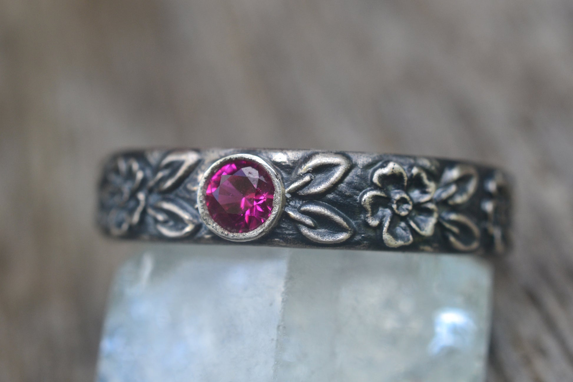 Ruby Wedding Band With Wild Rose Design