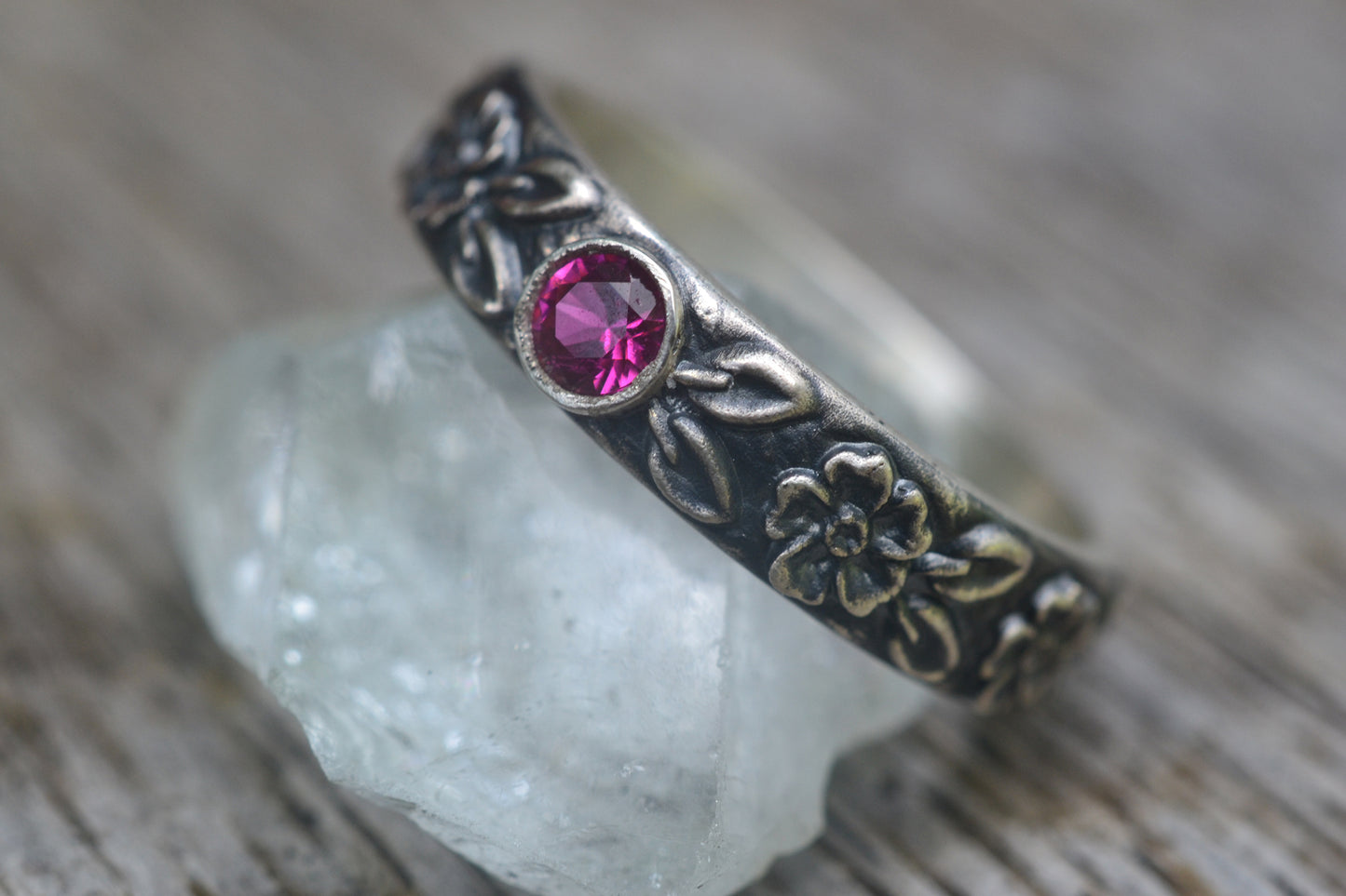 Faceted Ruby Wedding Ring with Roses