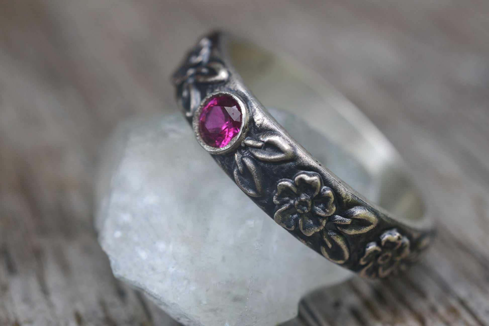 Faceted Ruby Marriage Ring With Rose Pattern