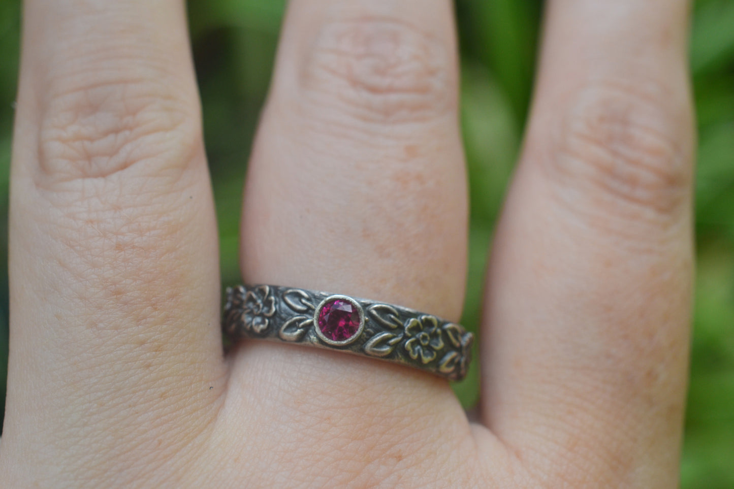 Wild Rose Pattern Wedding Ring with Ruby